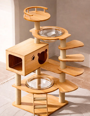 Torre Rascadora para Gatos Doble Cápsula de Madera Modelo Escalera 138cm