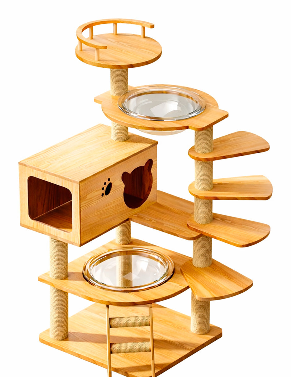 Torre Rascadora para Gatos Doble Cápsula de Madera Modelo Escalera 176cm