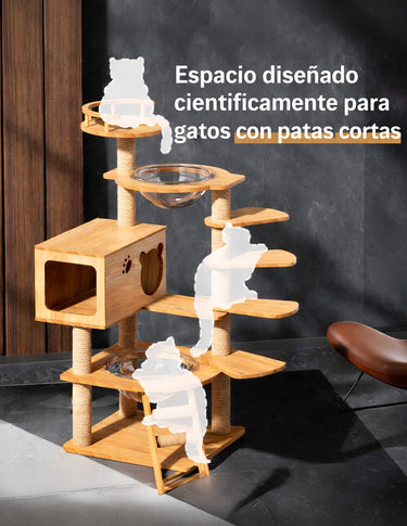 Torre Rascadora para Gatos Doble Cápsula de Madera Modelo Escalera 138cm