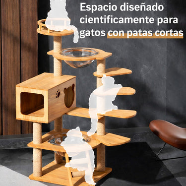Torre Rascadora para Gatos Doble Cápsula de Madera Modelo Escalera 138cm