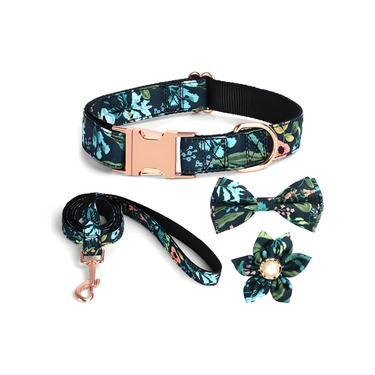 Conjunto Floral para Paseo: Correa, Collar, Moño y Flor