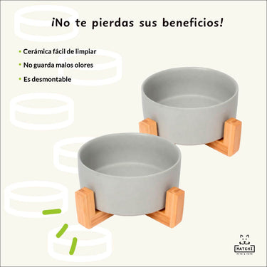 Plato de Cerámica Con Base de Bambú Para Perros y Gatos