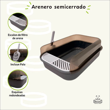 Arenero Para Gatos Grande Matchi Con Pala Y Filtro Semicerrado Antiderrames 50 x 34 x 20 cm