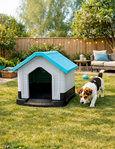 Casa para Perro de Plástico Resistente con Ventana Superior – Diseño Ventilado para Interior y Exterior Color Azul