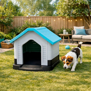 Casa para Perro de Plástico Resistente con Ventana Superior – Diseño Ventilado para Interior y Exterior Color Azul