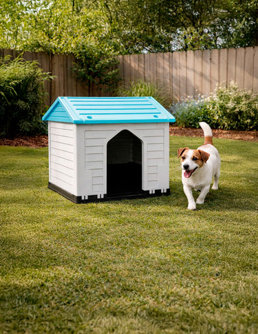 Casa para Perro de Plástico Resistente con Entrada Lateral Diseño para Exterior e Interior Color Azul