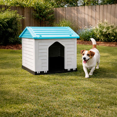 Casa para Perro de Plástico Resistente con Entrada Lateral Diseño para Exterior e Interior Color Azul