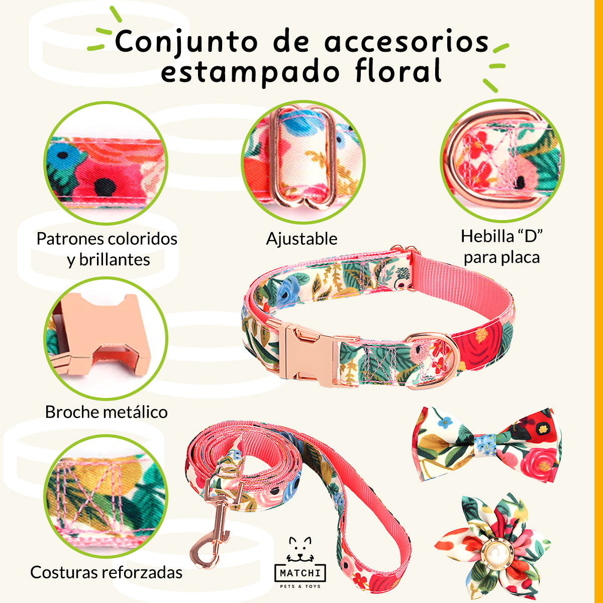 Conjunto Floral para Paseo: Correa, Collar, Moño y Flor