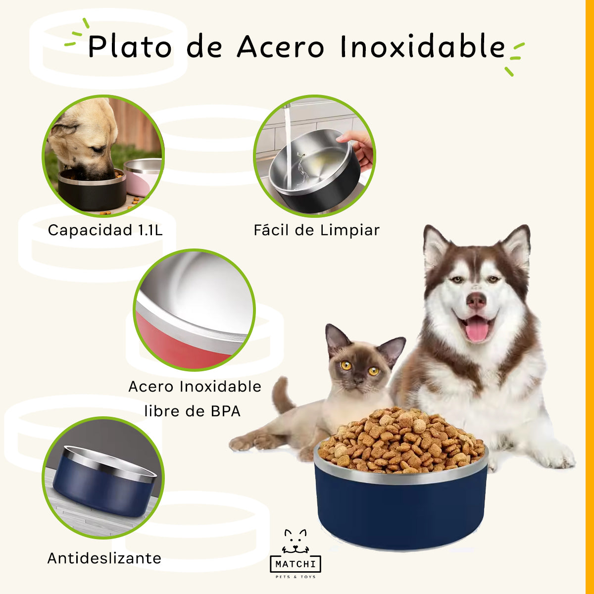 Plato de Acero Inoxidable Tazón Antiderrapante para Perros y Gatos de 1.3L